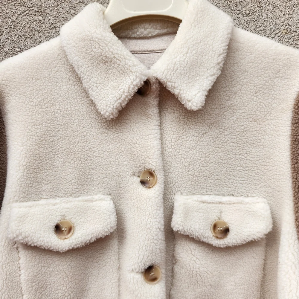 REBECCA MINKOFF Women's Teddy Sherpa Shirt Jacket Extra Large Cream Tan Faux Fur - Picture 11 of 11